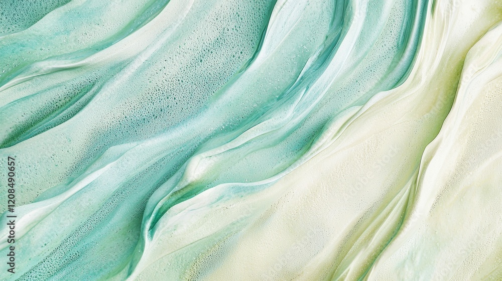 Poster fluid acrylic painting background featuring swirling waves of green and beige colors, creating a dyn