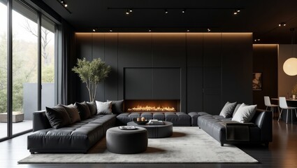 Modern living room with dark decor, fireplace, and large sectional sofa.  Natural light streams in from large windows.