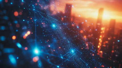 Obraz premium Smart digital Innovation city with connection network reciprocity over the cityscape. of future smart wireless digital city and social media networking systems that connects people with in city