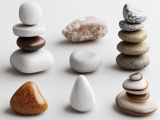 Ic&ocirc;nes de cailloux en 3D sur fond blanc