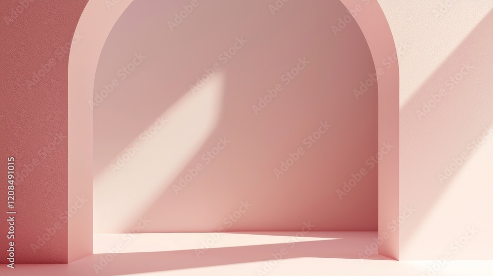 Poster sunlight streaming through an empty pink archway highlights the textured walls of a serene room, cre