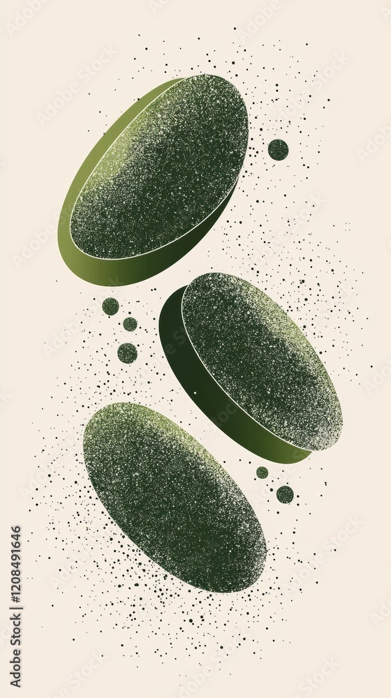 Aufkleber three textured green oval shapes are rotating and emitting small particles against a beige backdrop,