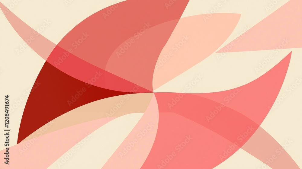 Poster overlapping abstract shapes in shades of red and pink create a dynamic visual flow, forming an elega