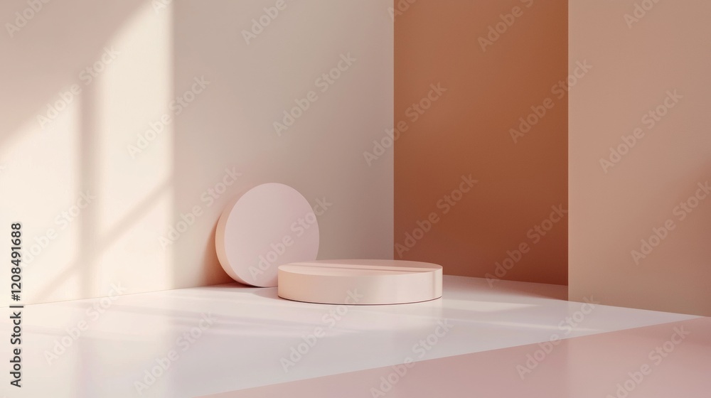 Poster sunlight is casting shadows on an empty podium in the corner of a room with pastel pink and orange w