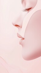Close-up profile of a woman's face highlighting perfect skin and full lips, emphasizing natural beauty and cosmetic enhancements, in a soft pink color palette