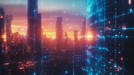 Fototapeta premium Smart digital Innovation city with connection network reciprocity over the cityscape. of future smart wireless digital city and social media networking systems that connects people with in city