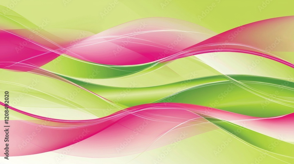 Poster smooth pink and green waves flowing and overlapping, creating a dynamic and vibrant abstract composi