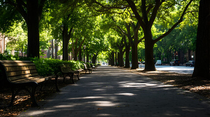 Fototapeta premium A quiet street with empty, well-worn benches lining the sidewalk, shaded by tall trees. Empty street with benches and tall trees.