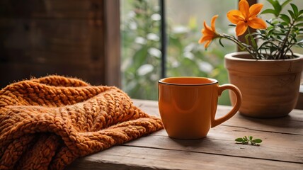Cozy coffee shop hot cappuccino frothy milk wood saucer relaxation generated by artificial intelligence