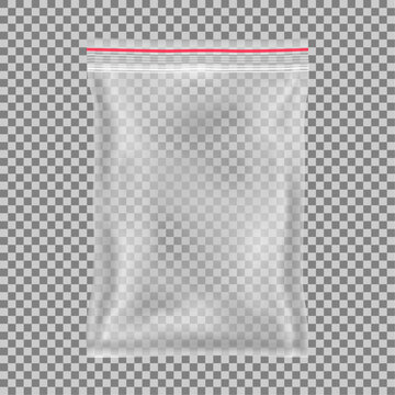 Clear glossy  plastic bag with zip lock on transparent background. Empty resealable blank Polyethylene package mockup. Realistic vector mock-up. Can be use for template your design, promo, adv.