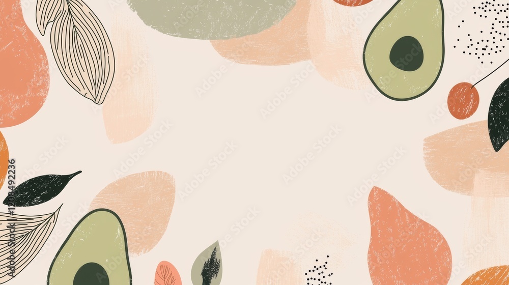 Poster modern and stylish abstract background showcasing avocados, leaves, and various pastel-colored shape