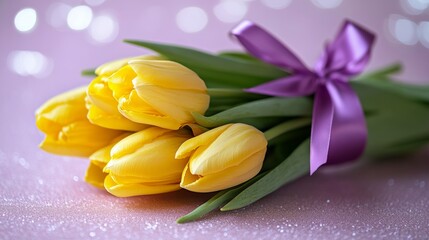 Obraz premium Bouquet of Yellow Tulips with Purple Ribbon, Pink Bokeh Background, Spring Floral Theme