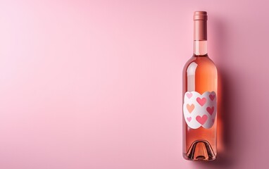 A mockup of a bottle of rose wine with decorative heart-shaped labels on a pastel pink background for valentines day and 8 march