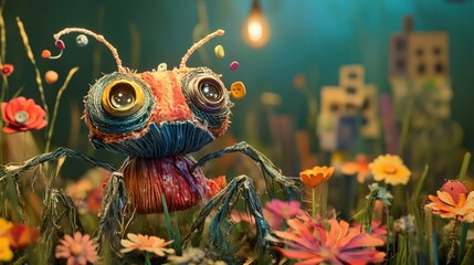 Captivating and imaginative digital depicting a bizarre whimsical creature with intricate details and vibrant colors emerging from a lush flowering garden setting