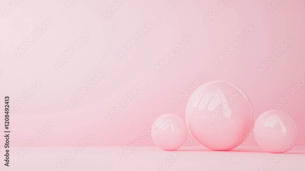 Poster three glossy pink spheres of different sizes are arranged on a pink surface against a matching pink 