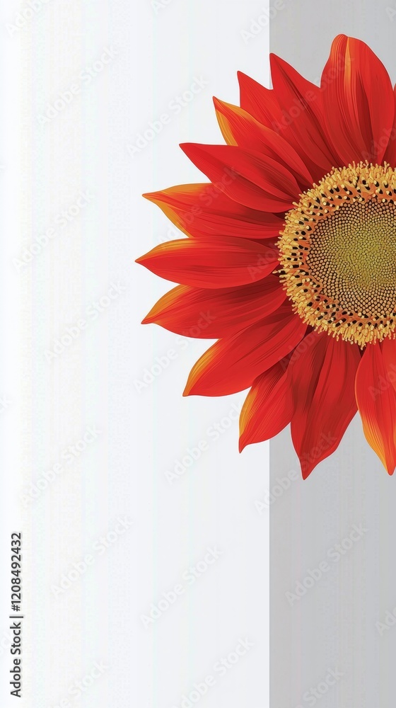 Poster red sunflower partially covering a white and grey background, creating a minimalist and elegant comp