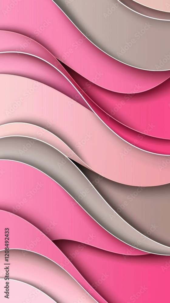 Poster Soft pink and gray abstract waves overlap, creating a visually appealing layered effect, suitable for backgrounds, wallpapers, or design elements
