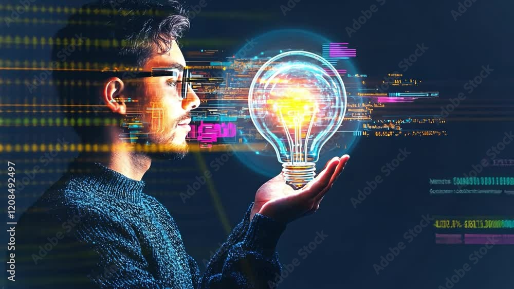 Poster man holding glowing light bulb with digital elements in futuristic setting