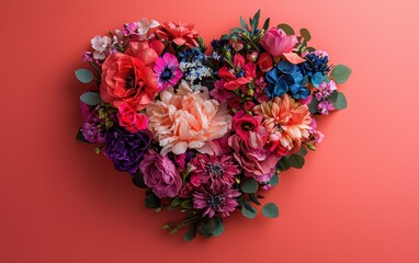 A mockup of a bouquet of mixed flowers arranged in a heart shape on a matte coral surface for valentines day and 8 march