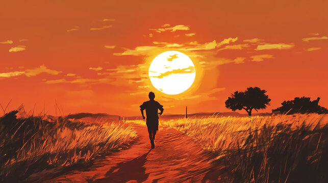 A man runs towards the sun during a golden sunset on a dirt track. Golden Sunset. Illustration