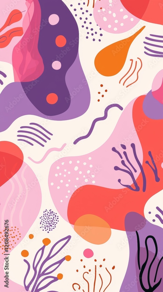 Poster colorful abstract background featuring a dynamic composition of organic shapes, flowing lines, and s