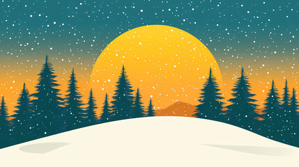 Fototapeta premium A snowy winter landscape with a golden sunset over the trees. Golden Sunset. Illustration