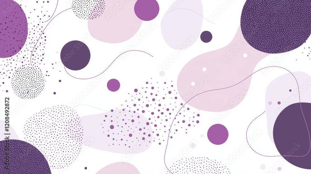 Poster purple abstract background featuring various organic shapes, dots, and lines, creating a modern and 