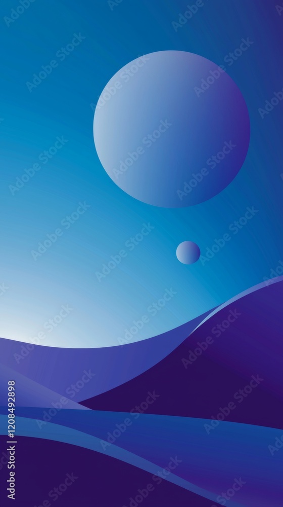 Poster minimalist and abstract blue landscape with large planet and small moon, creating a serene and other