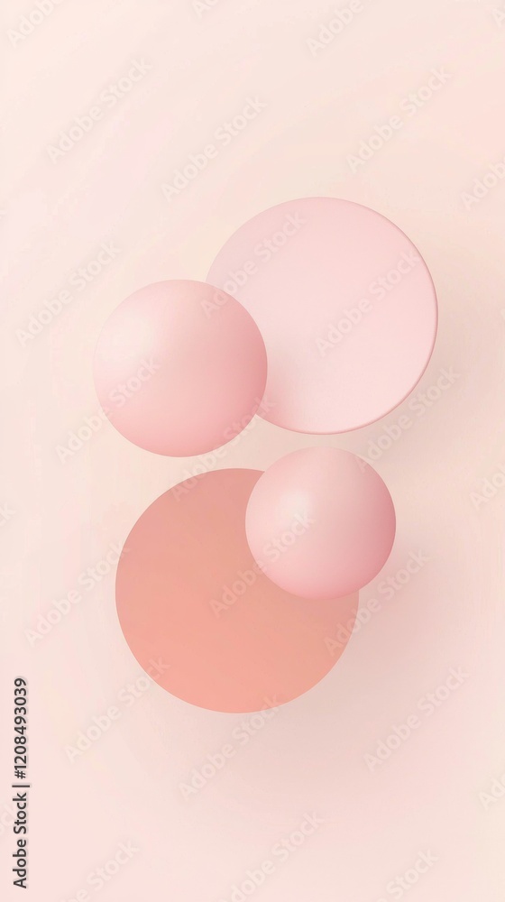 Poster minimalist abstract composition featuring pink spheres and circles floating on a pastel background, 