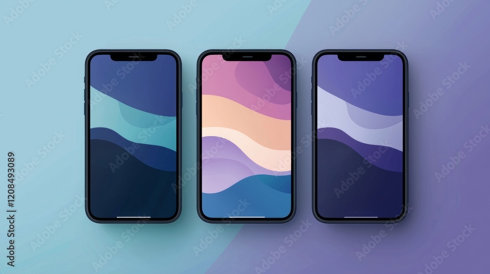 Poster three smartphones displaying abstract colorful wallpapers lie on a two-tone background, creating a v