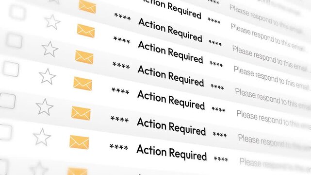 Action required email close up 4k animation scrolling. Email notifications with title of Action required typography
