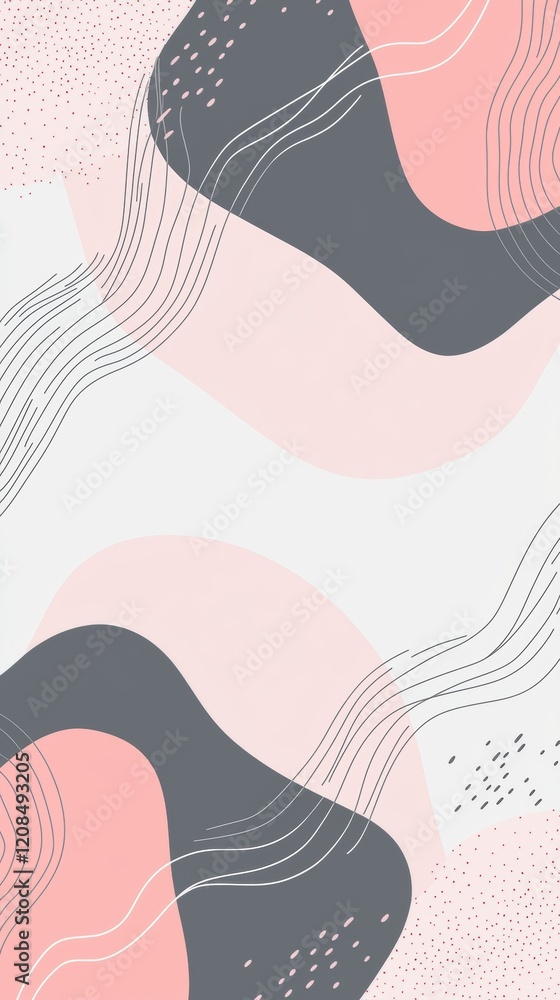 Poster modern abstract background featuring soft pastel pink and grey hues, dynamic wavy lines, and organic