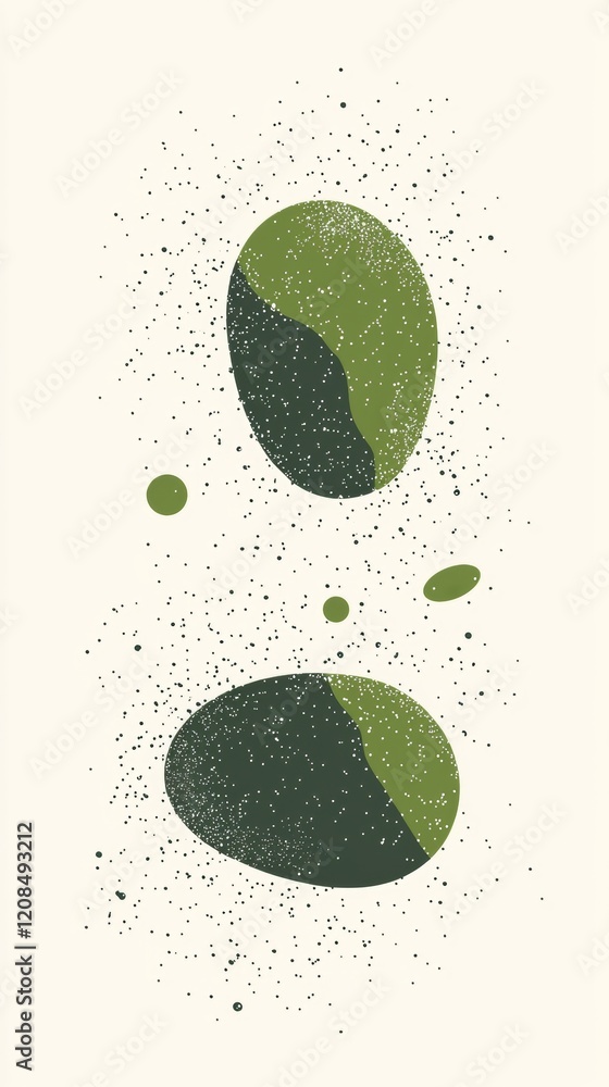 Poster two textured green ovals in varying shades rest against a light beige background, surrounded by scat