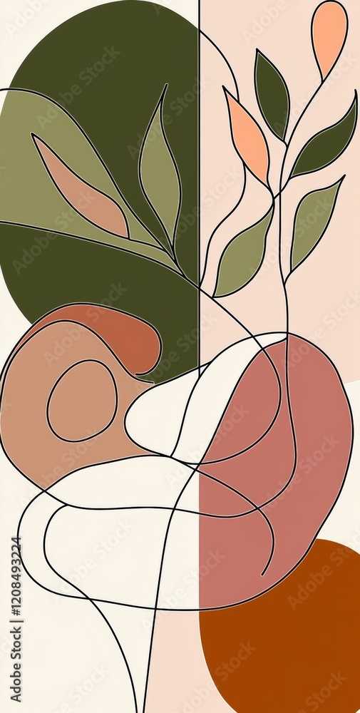 Poster continuous line drawing intersecting with colorful geometric shapes creates a modern and minimalist 