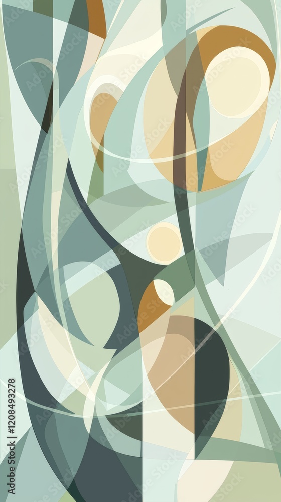 Poster modern abstract artwork showcasing a dynamic arrangement of overlapping rounded shapes, lines, and t