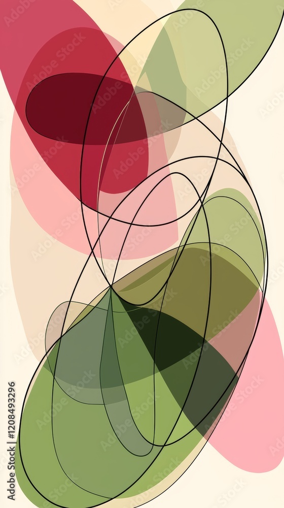 Poster colorful abstract composition featuring overlapping translucent shapes in shades of green, red, and 
