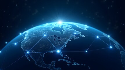 Fototapeta premium Global digital network connectivity showcasing a futuristic web of interconnected nodes around the Earth.