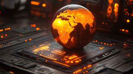 Digital diagram of a futuristic planet hologram symbolizing global fintech innovation minimalistic bright tone modern style blurred background with empty blank caption space dynamic concept

