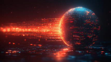 Digital diagram of a futuristic planet hologram symbolizing global fintech innovation minimalistic bright tone modern style blurred background with empty blank caption space dynamic concept

