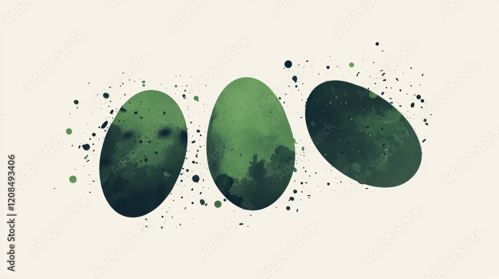 Poster green watercolor ovals are arranged on a light beige background, creating a modern and abstract desi