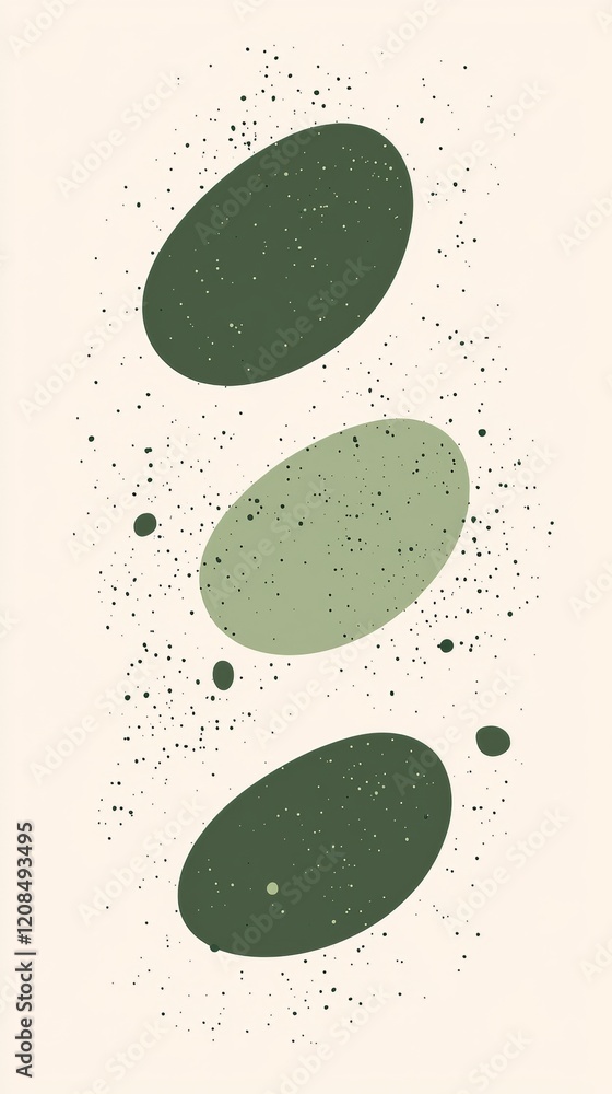 Poster three green ovals in different shades, adorned with small black dots, dynamically arranged against a