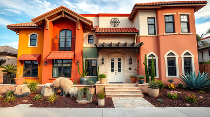 Luxury Spanish-Style Home with Vibrant Facade and Landscaped Garden