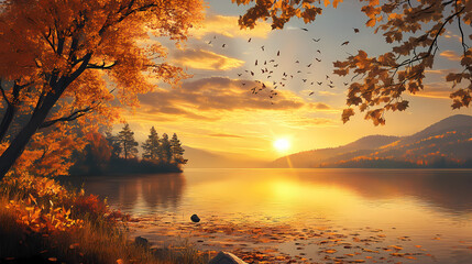 Beautiful autumn sunset casting golden glow tranquil lake. Golden Sunset. Illustration