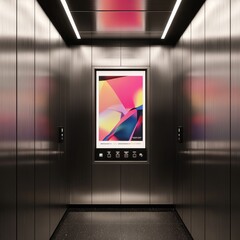 A sleek and modern elevator interior, with a framed advertisement positioned prominently on the wall beside the floor buttons