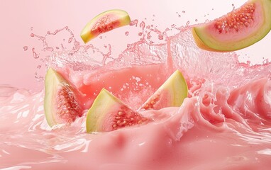 Fototapeta premium A refreshing pink wave of guava juice with thick pulp and flying guava slices, creating lively splashes on a pastel pink background