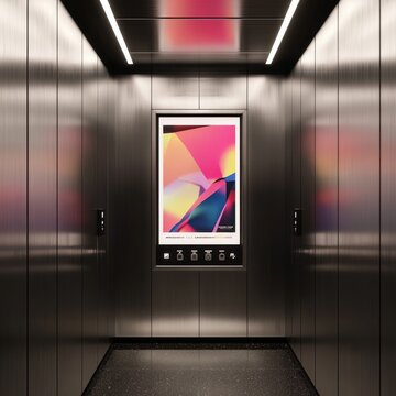 A sleek and modern elevator interior, with a framed advertisement positioned prominently on the wall beside the floor buttons