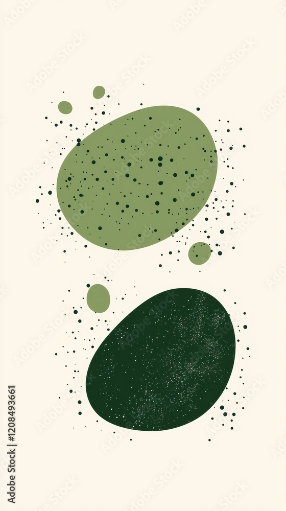 Poster modern abstract background featuring large, irregular green shapes in light and dark tones, scattere
