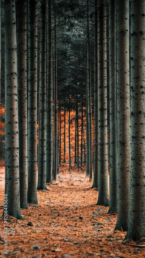 Poster pathway through tall trees surrounded by autumn foliage under a clear sky in a serene forest setting