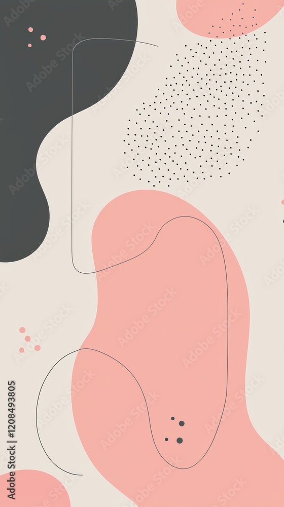 Poster modern abstract background design with flowing organic shapes in pink and gray, accented by thin, cu