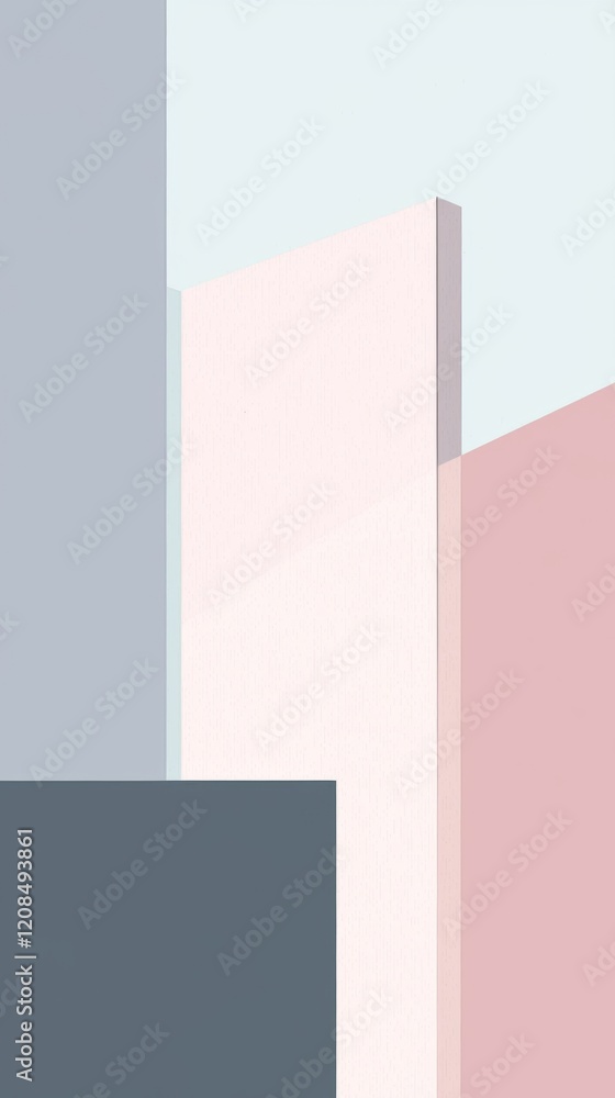 Poster Minimalist abstract image showcasing a vertical pink rectangle juxtaposed with gray and white elements, creating a visually appealing geometric composition